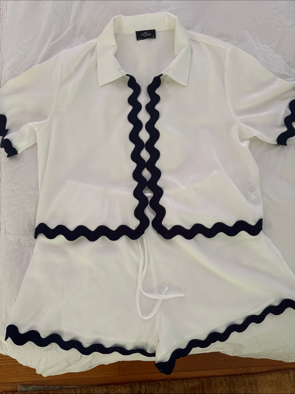 Women's Milk & Honey White Swim Coverup Set with Navy Scalloped Trim